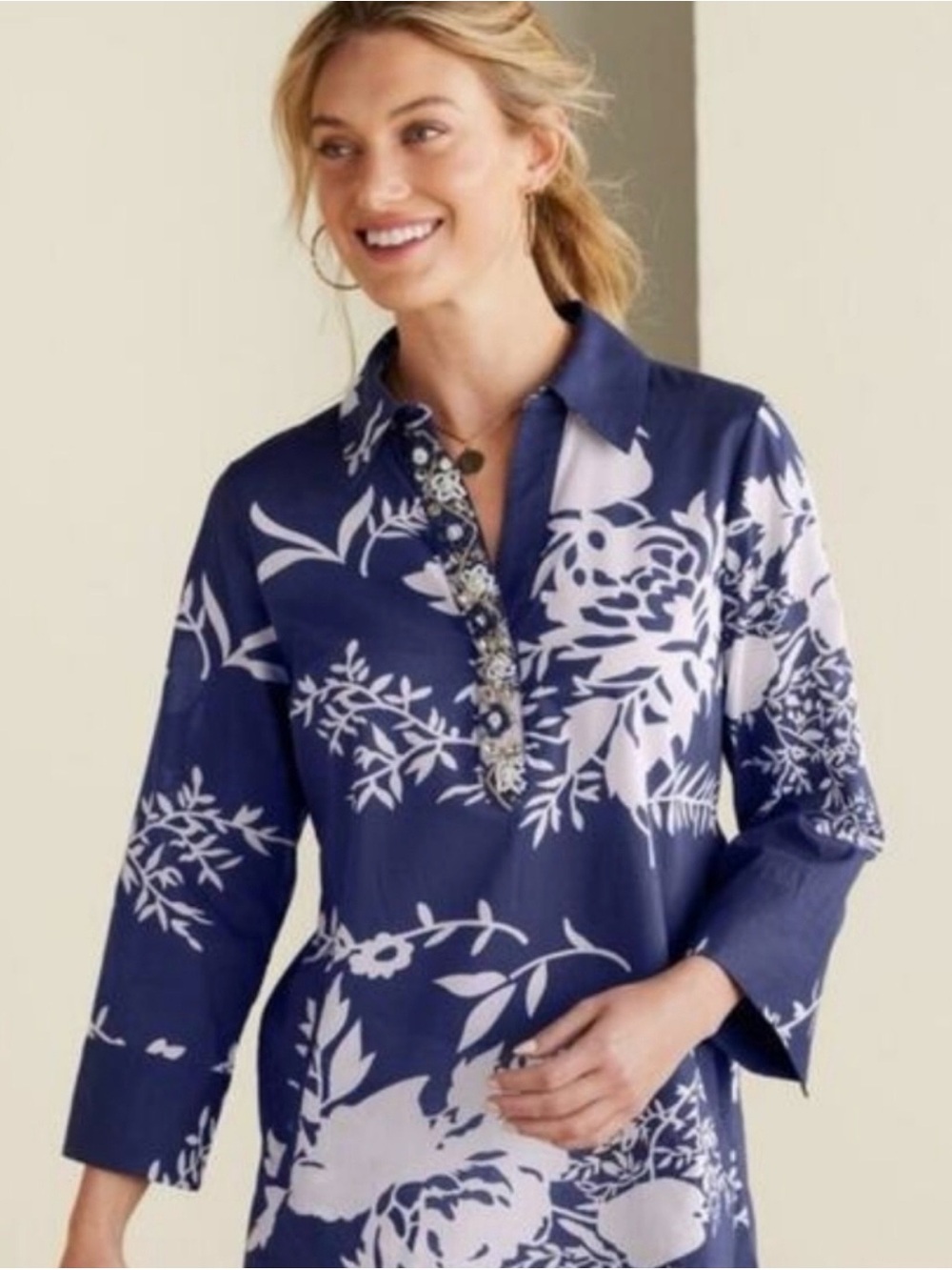 Soft Surrounding Plus Cotton Margauex Beaded Tunic Top Navy Blue Floral 1X
